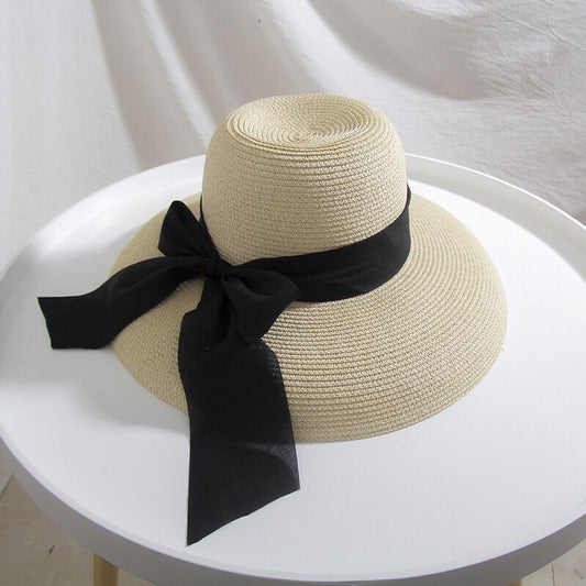 2021 Summer women&#39;s Big Bow Sun Hat Hepburn Style Vintage Design Wide side Straw Hat Solid Color Anti-UV Holiday Beach Hat