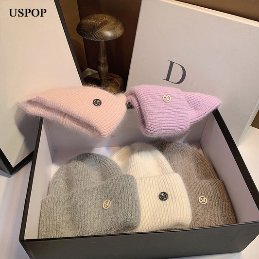 USPOP New Women&#39;s Hats Winter Thick Warm Knitted Hats Solid Color Letter M Soft Rabbit Hair Skullies Beanies