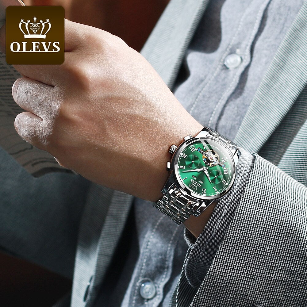 OLEVS Automatic Mechanical Men Watches Stainless Steel Waterproof Date Week Green Fashion Classic Wrist Watches Reloj Hombre