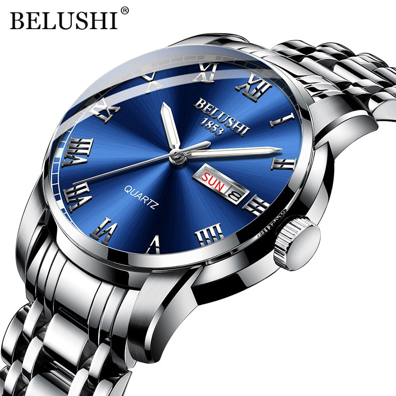 BELUSHI Men's Fashion Business Quartz Wrist Watches Stainless Steel Waterproof Analog Watch Men Calendar Clock 2022 New Watches