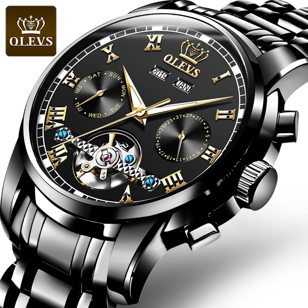 OLEVS Automatic Mechanical Men Watches Stainless Steel Waterproof Date Week Green Fashion Classic Wrist Watches Reloj Hombre