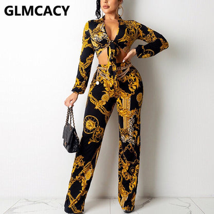 Women Two Piece Vintage Shirt Set Long Sleeve Tie Front Shirt Top &amp; Slim Pants Set