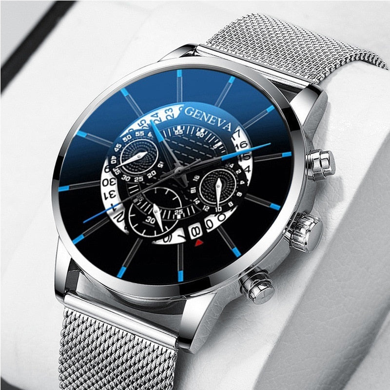 Luxury Hollow out Men&#39;s Fashion Business Calendar Watches Blue Stainless Steel Mesh Belt Analog Quartz Watch relogio masculino