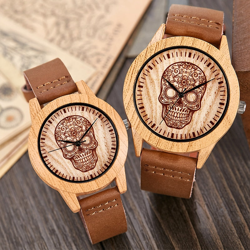 Imitation Bamboo Watch Unisex Genuine Leather Wooden Horse Quartz Wristwatch Minimalist Men Women Male Female Couple Wood Clock