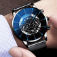 Luxury Hollow out Men&#39;s Fashion Business Calendar Watches Blue Stainless Steel Mesh Belt Analog Quartz Watch relogio masculino