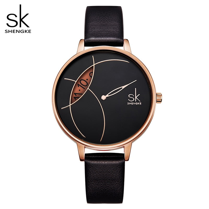 Shengke Creative Watch For Women Black Leather Dress Women&#39;s Watch Original Brand Quartz Wrist Watches Creative Reloj Mujer