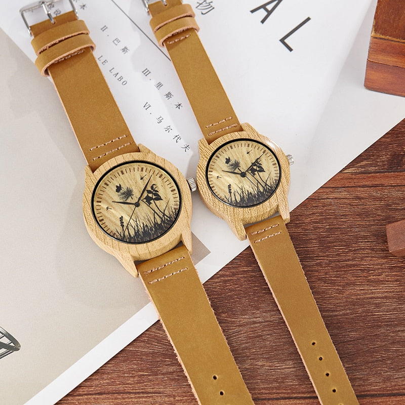 Imitation Bamboo Watch Unisex Genuine Leather Wooden Horse Quartz Wristwatch Minimalist Men Women Male Female Couple Wood Clock