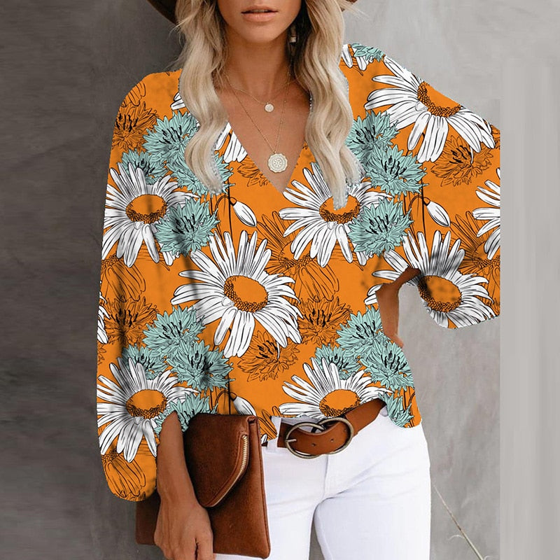 Female Streetwear Oversized XXXL Tops Blusa Summer V Neck Long Lantern Sleeve Blouse Casual Women Printing Loose Elegant Shirts