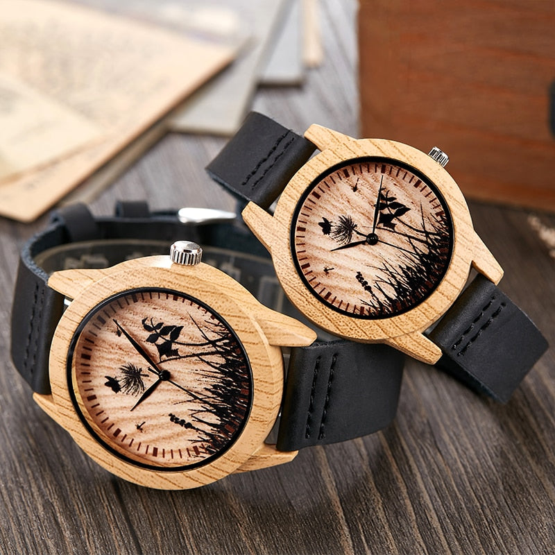 Imitation Bamboo Watch Unisex Genuine Leather Wooden Horse Quartz Wristwatch Minimalist Men Women Male Female Couple Wood Clock