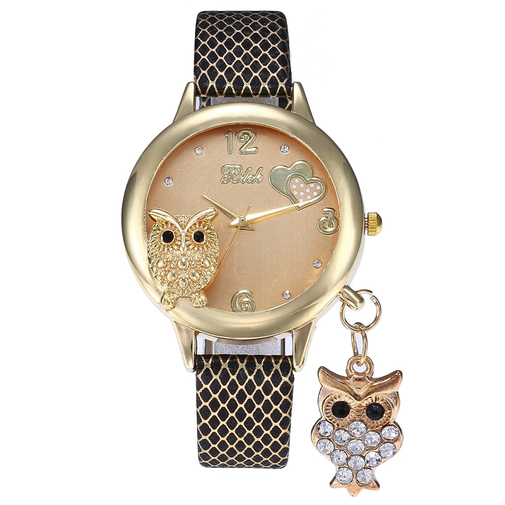 2019 New Fashion Wrist Watches Lady Owl Charm Diamond Watch Women Snakeskin PU Gold Buckle Clock Rhinestone Watch for Women