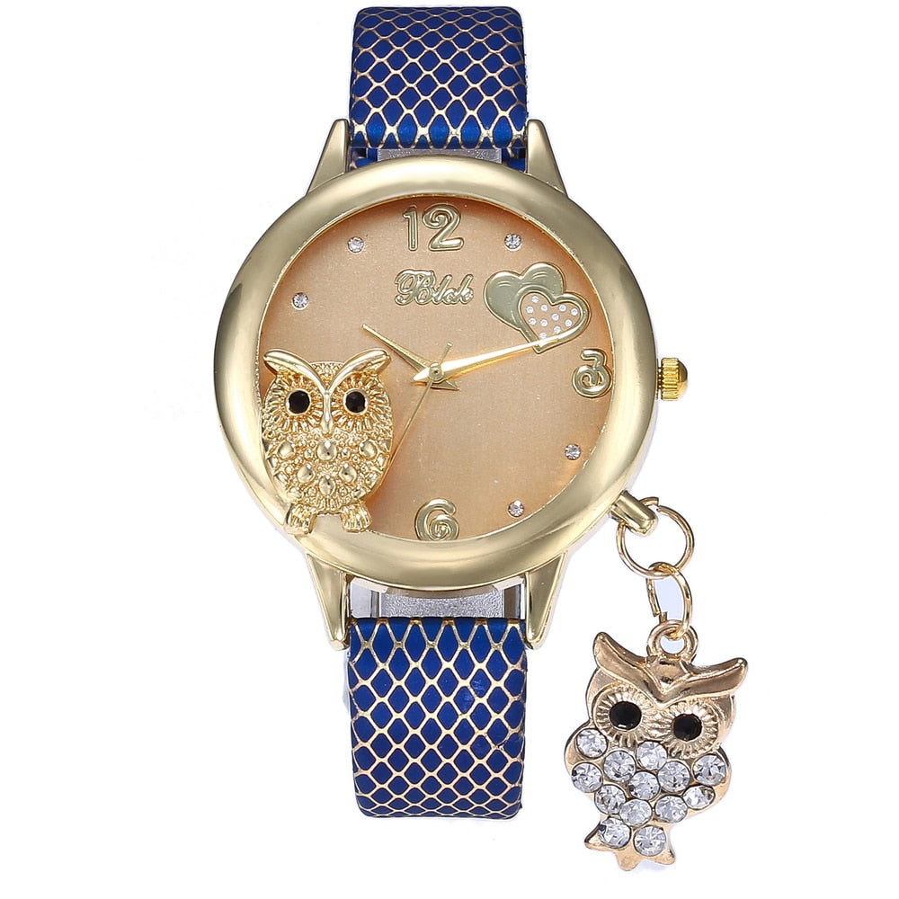 2019 New Fashion Wrist Watches Lady Owl Charm Diamond Watch Women Snakeskin PU Gold Buckle Clock Rhinestone Watch for Women