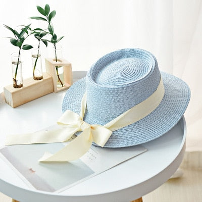 Ymsaid New Summer Sun Hats Women Fashion Girl Straw Hats Ribbon Bow Beach Hat Casual Straw Flat Top Panama Hat Bone Feminino