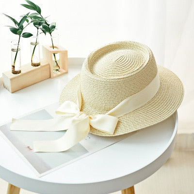 Ymsaid New Summer Sun Hats Women Fashion Girl Straw Hats Ribbon Bow Beach Hat Casual Straw Flat Top Panama Hat Bone Feminino