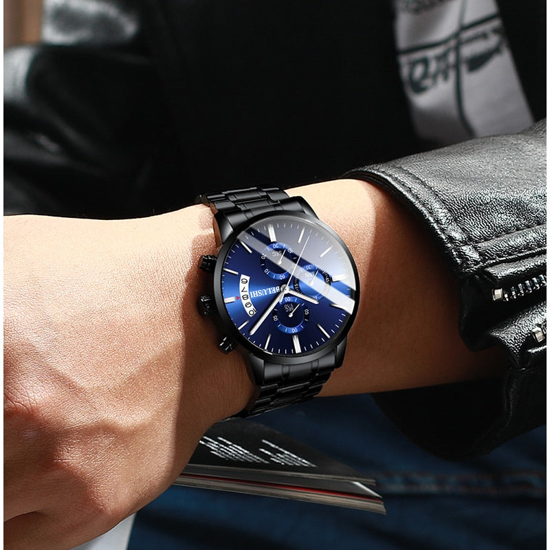 BELUSHI Fashion Men&#39;s Quartz Watch Chronograph Sport Men Watches Top Brand Luxury Full Steel Waterproof Clock Male Wristwatch