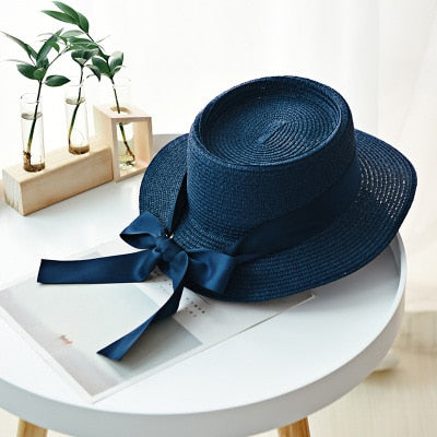 Ymsaid New Summer Sun Hats Women Fashion Girl Straw Hats Ribbon Bow Beach Hat Casual Straw Flat Top Panama Hat Bone Feminino