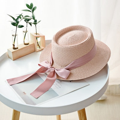 Ymsaid New Summer Sun Hats Women Fashion Girl Straw Hats Ribbon Bow Beach Hat Casual Straw Flat Top Panama Hat Bone Feminino