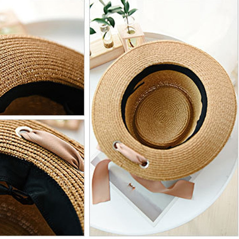 Ymsaid New Summer Sun Hats Women Fashion Girl Straw Hats Ribbon Bow Beach Hat Casual Straw Flat Top Panama Hat Bone Feminino