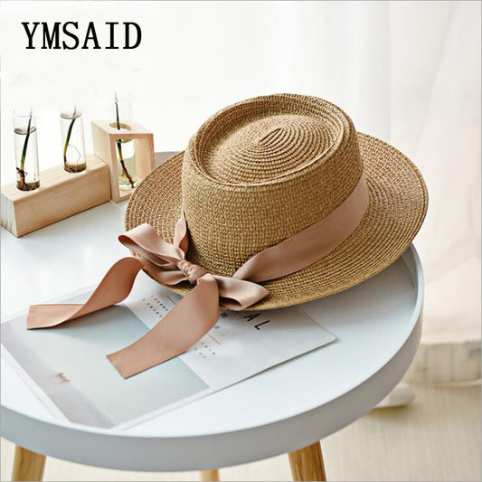 Ymsaid New Summer Sun Hats Women Fashion Girl Straw Hats Ribbon Bow Beach Hat Casual Straw Flat Top Panama Hat Bone Feminino