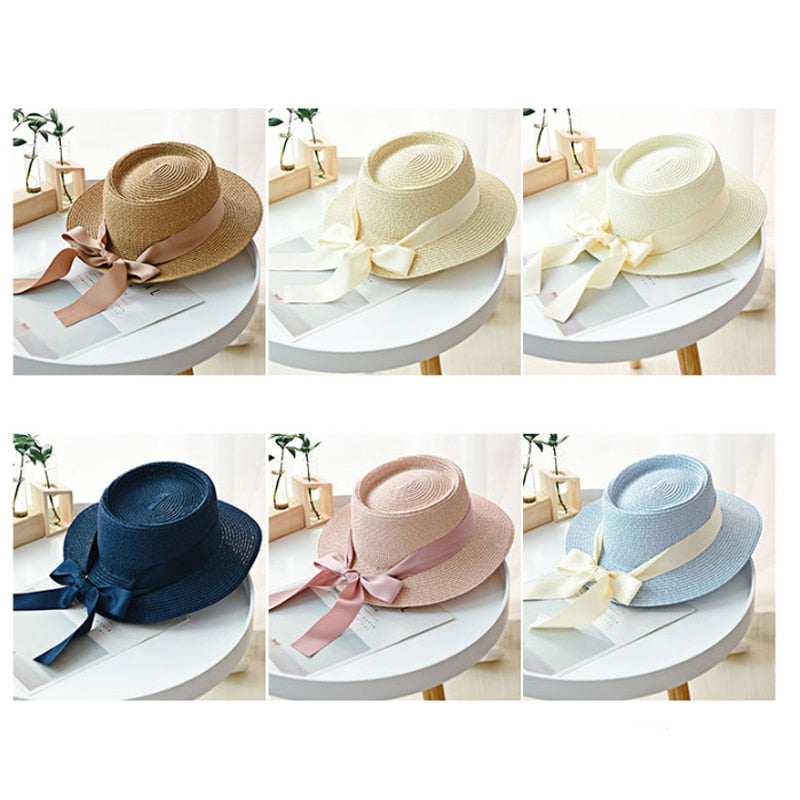 Ymsaid New Summer Sun Hats Women Fashion Girl Straw Hats Ribbon Bow Beach Hat Casual Straw Flat Top Panama Hat Bone Feminino