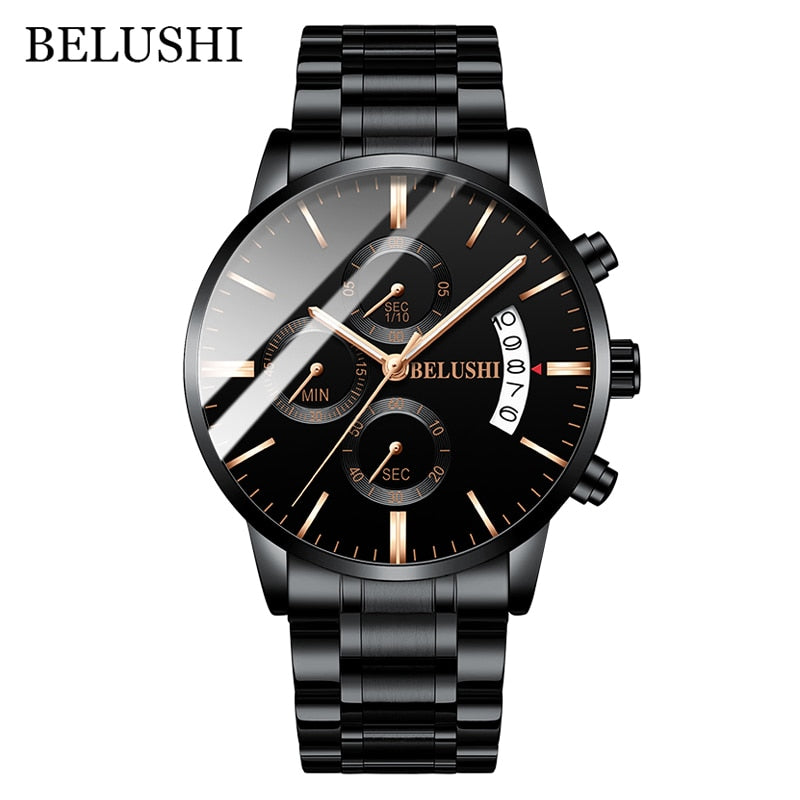 BELUSHI Fashion Men&#39;s Quartz Watch Chronograph Sport Men Watches Top Brand Luxury Full Steel Waterproof Clock Male Wristwatch