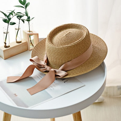 Ymsaid New Summer Sun Hats Women Fashion Girl Straw Hats Ribbon Bow Beach Hat Casual Straw Flat Top Panama Hat Bone Feminino