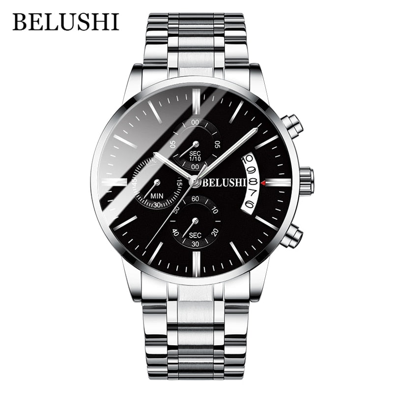 BELUSHI Fashion Men&#39;s Quartz Watch Chronograph Sport Men Watches Top Brand Luxury Full Steel Waterproof Clock Male Wristwatch