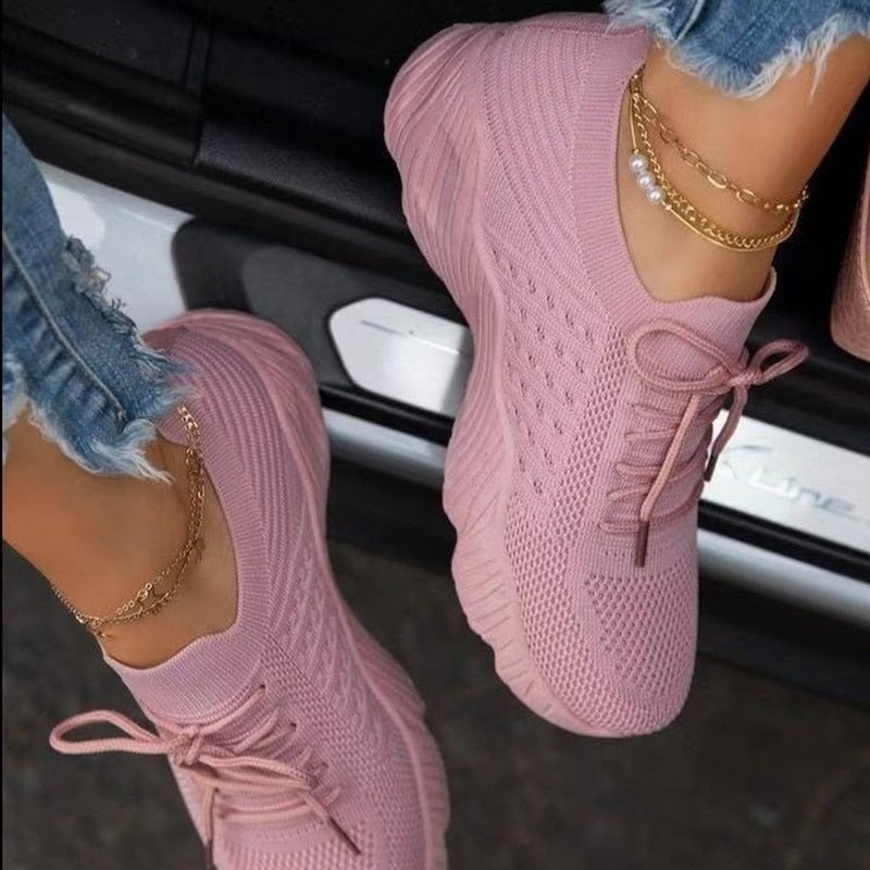 Women Red Sneakers Female White Casual Shoes Comfortable Mesh Lace-Up Ladies Sport Shoes Wedges Chunky Women&#39;s Vulcanized Shoes