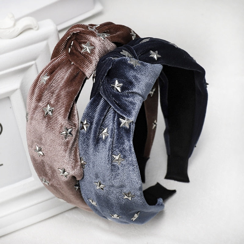 Fashion Cloth Headbands Korean Style Simple Solid Color Woman Drilling Stars Knotted Wide Side Velvet Hairbands Hair Accessories