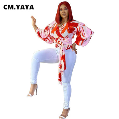 CM.YAYA Women Blouses Full Pull Sleeve V-neck Pullover Print Chiffon Tops Fashion Office Lady Blouse Spring Fall Clothing 2021