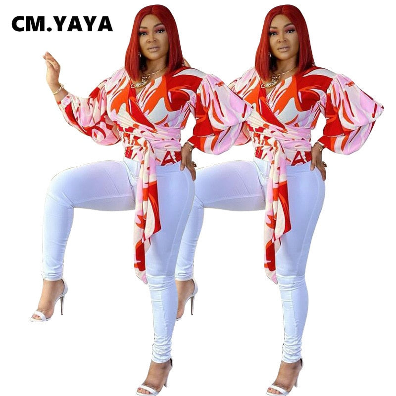 CM.YAYA Women Blouses Full Pull Sleeve V-neck Pullover Print Chiffon Tops Fashion Office Lady Blouse Spring Fall Clothing 2021