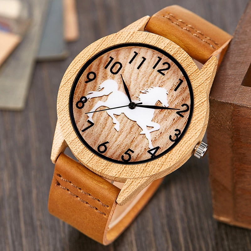 Imitation Bamboo Watch Unisex Genuine Leather Wooden Horse Quartz Wristwatch Minimalist Men Women Male Female Couple Wood Clock