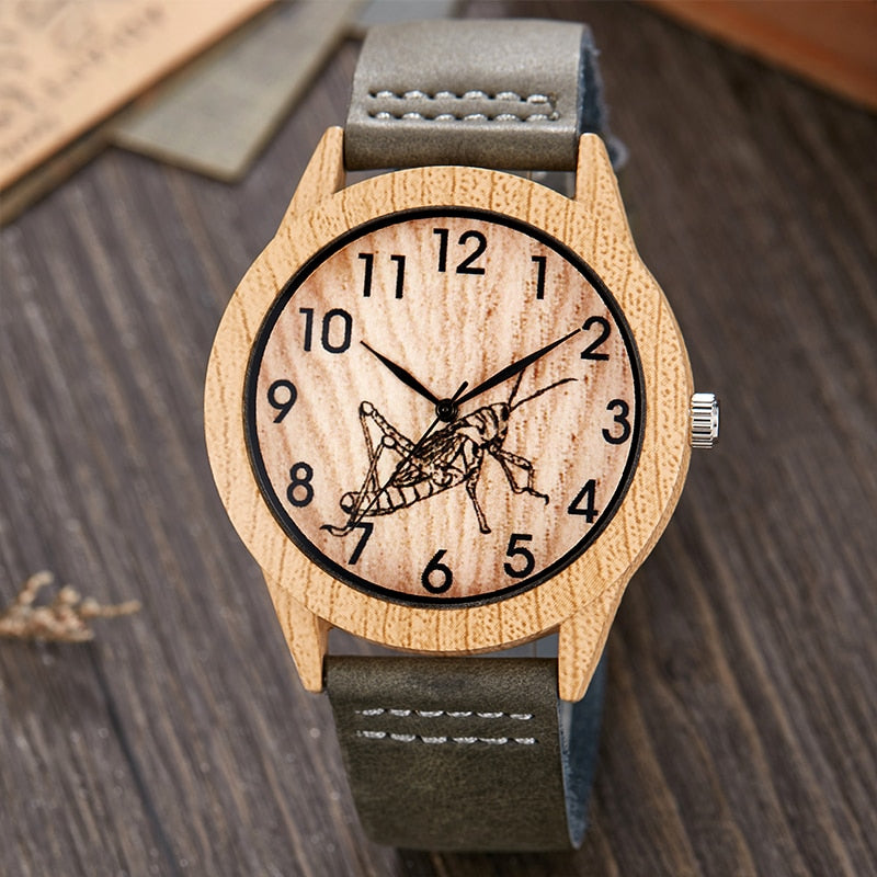 Imitation Bamboo Watch Unisex Genuine Leather Wooden Horse Quartz Wristwatch Minimalist Men Women Male Female Couple Wood Clock