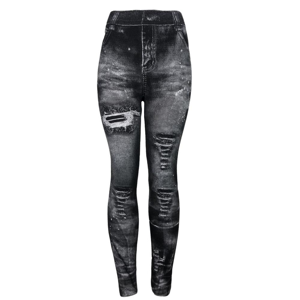 Women 2022 Imitation Distressed Denim Jeans Leggings Casual High Waist Slim Elastic Pencil Pants Sport Leggins Femal Push Up