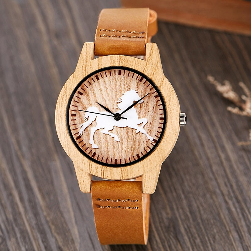 Imitation Bamboo Watch Unisex Genuine Leather Wooden Horse Quartz Wristwatch Minimalist Men Women Male Female Couple Wood Clock