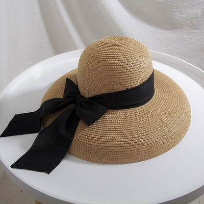 2021 Summer women&#39;s Big Bow Sun Hat Hepburn Style Vintage Design Wide side Straw Hat Solid Color Anti-UV Holiday Beach Hat