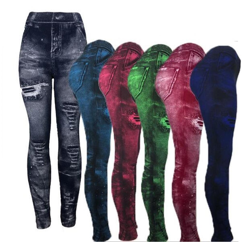 Women 2022 Imitation Distressed Denim Jeans Leggings Casual High Waist Slim Elastic Pencil Pants Sport Leggins Femal Push Up