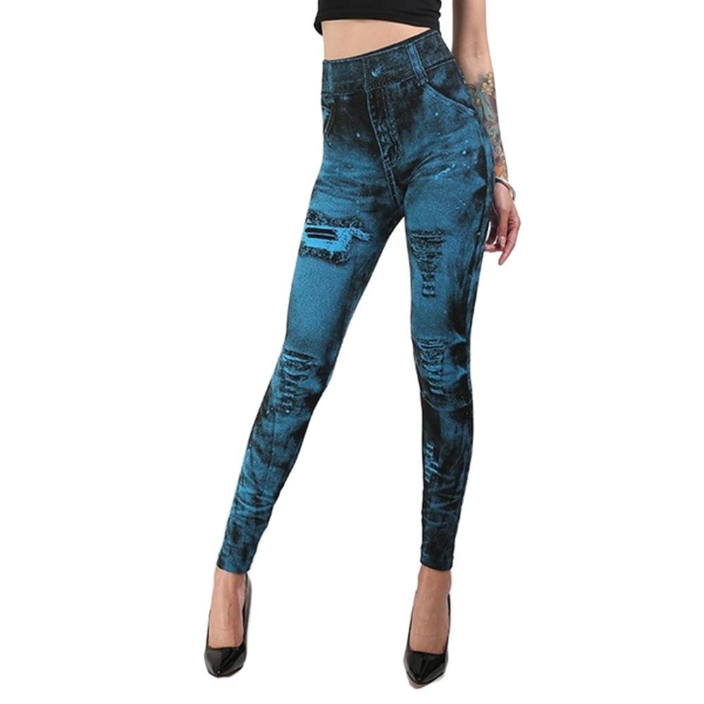 Women 2022 Imitation Distressed Denim Jeans Leggings Casual High Waist Slim Elastic Pencil Pants Sport Leggins Femal Push Up