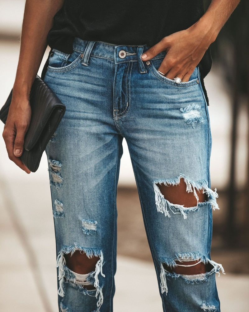 2022 New Women Fashion Mid Waist Boyfriend Big Ripped Hole Jeans Casual High Street Denim Pants Sexy Vintage Pencil Calca Jeans