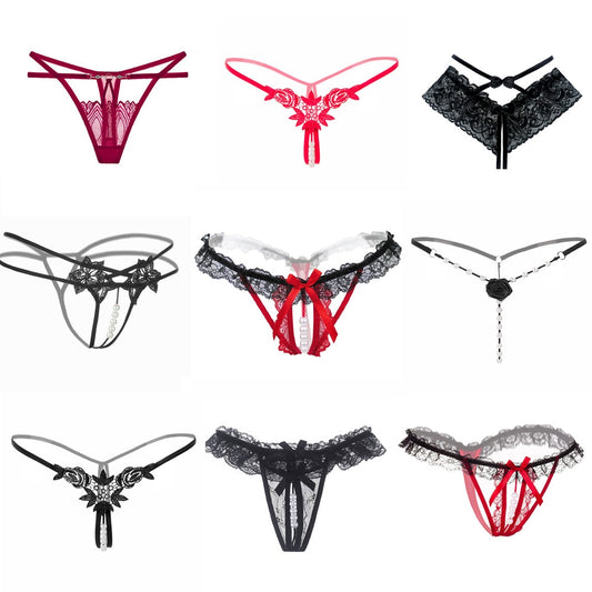 Sexy G-string T Panties Female Underwear Lace Thongs Women's Pants Sexy Pearl panties Erotic  Women Crotchless panties plus size