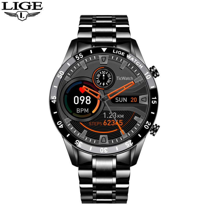 LIGE 2022 Full Circle Touch Screen Steel Band Luxury Bluetooth Call Men Smart Watch Waterproof Sport Activity Fitness Watch+Box