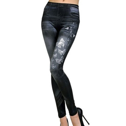 Women New Fashion Classic Stretchy Slim Leggings Sexy Imitation Jean Skinny Jeggings Butterfly Print Pants Bottoms Ropa Mujer