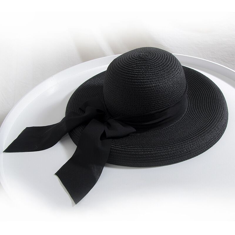 2021 Summer women&#39;s Big Bow Sun Hat Hepburn Style Vintage Design Wide side Straw Hat Solid Color Anti-UV Holiday Beach Hat