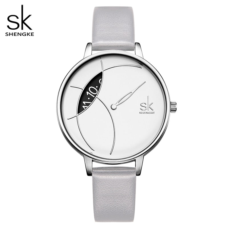 Shengke Creative Watch For Women Black Leather Dress Women&#39;s Watch Original Brand Quartz Wrist Watches Creative Reloj Mujer