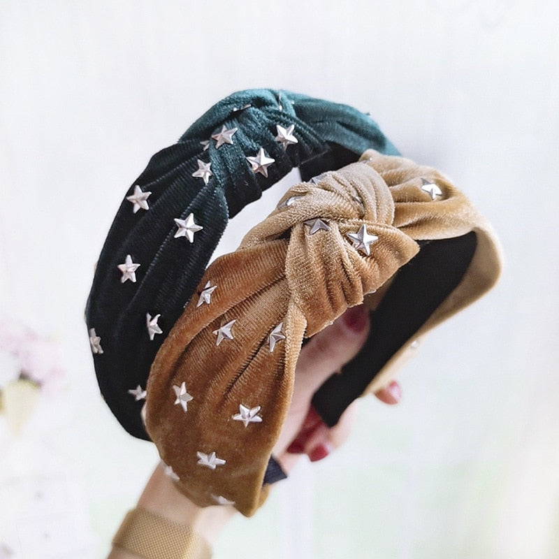 Fashion Cloth Headbands Korean Style Simple Solid Color Woman Drilling Stars Knotted Wide Side Velvet Hairbands Hair Accessories