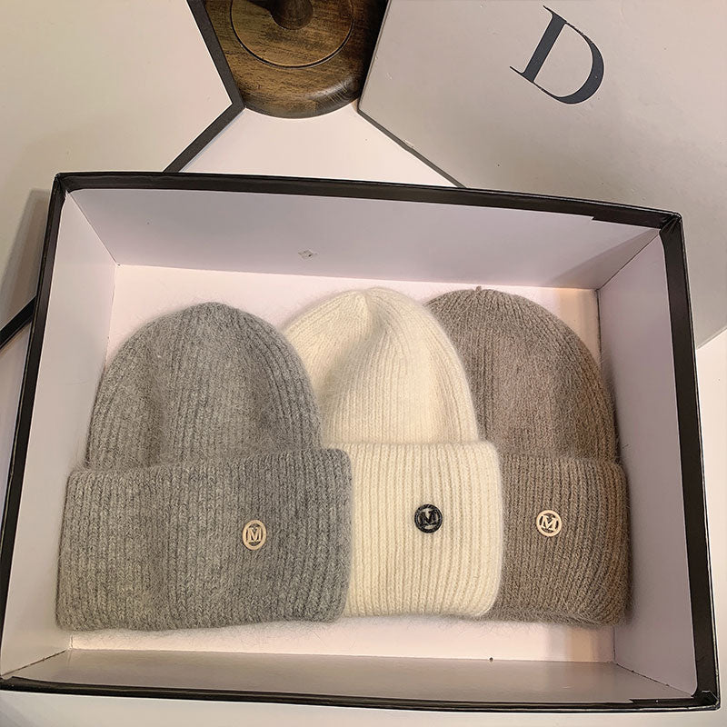 USPOP New Women&#39;s Hats Winter Thick Warm Knitted Hats Solid Color Letter M Soft Rabbit Hair Skullies Beanies
