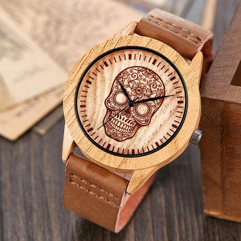 Imitation Bamboo Watch Unisex Genuine Leather Wooden Horse Quartz Wristwatch Minimalist Men Women Male Female Couple Wood Clock