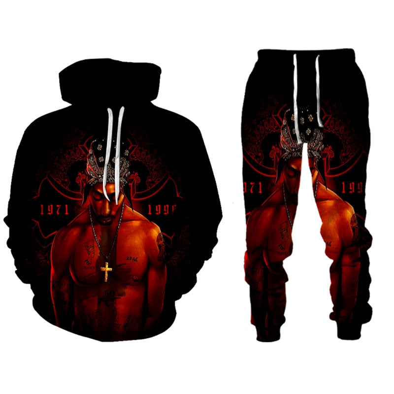 Hip Hop Rapper Tupac Hoodie Set 2 PAC Fleece Sweatshirts Sweatpants West Coast Gangsta Rap Clothing Pullover