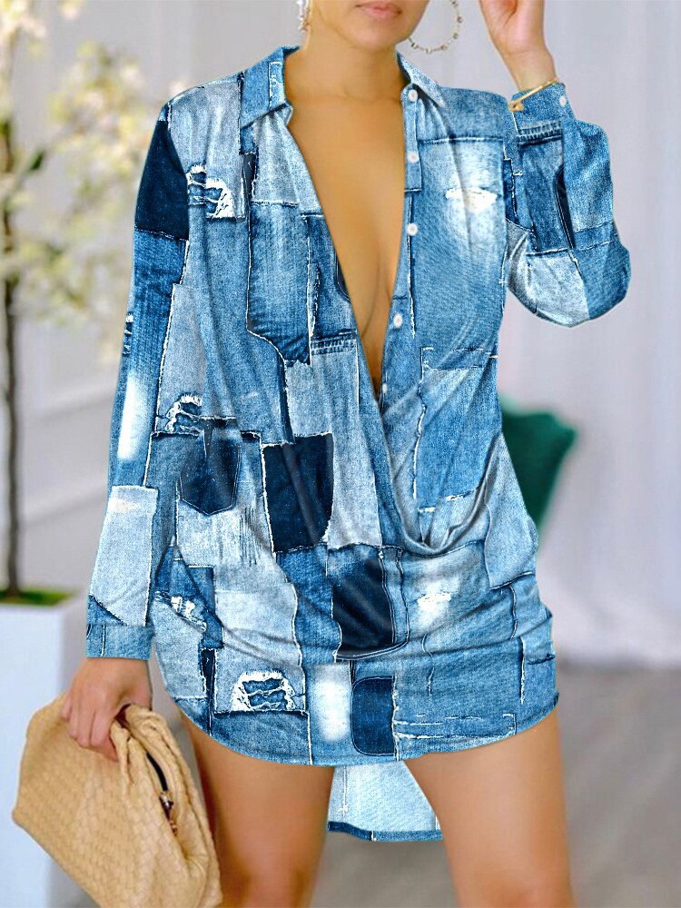 Sexy Female Deep V Party Club Slim Long Blouse Women Patchwork Button Full Sleeve Shirts Spring Summer Streetwear Straight Tops