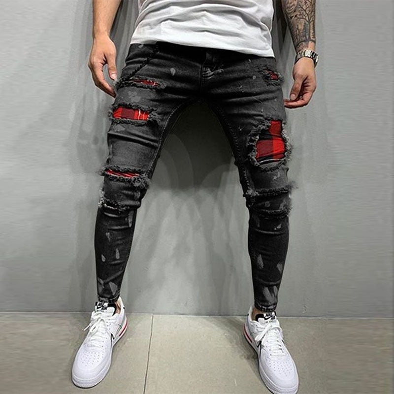 Mens Streetwear Fashion Pants Elastic Skinny Slim Fit Jeans Patch Pockets Ripped Jeans for Men Vintage Black Denim Trousers