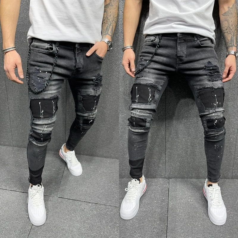 Mens Streetwear Fashion Pants Elastic Skinny Slim Fit Jeans Patch Pockets Ripped Jeans for Men Vintage Black Denim Trousers